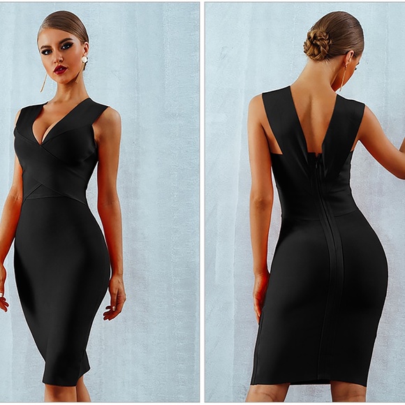 Bandage V Neck Bodycon Midi Dress Black - Picture 2 of 7